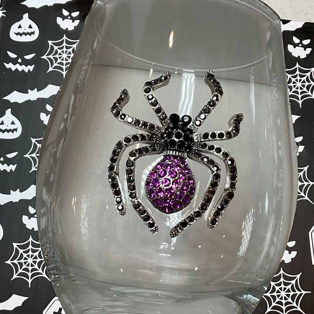 Rachel Zoe Halloween Stemless Wine Glasses Spider Rhinestones